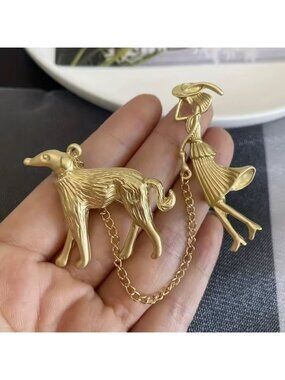 Vintage Gold Woman Walking Dog Brooch – Elegant Artistic Pin Jewelry